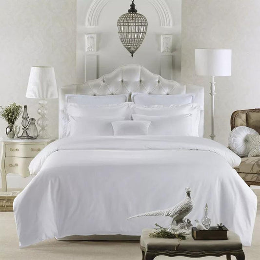 800TC White Egyptian Cotton Hotel Style Duvet Cover Set setup in bedroom white walls - Fluffyslip