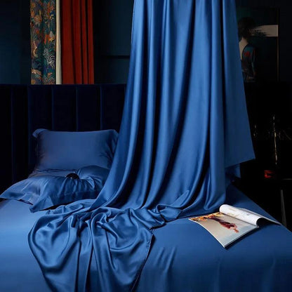 Eucalyptus Lyocell Royal blue Plain Bedding set Queen King 4/6Pcs Touch Cooling Silky Soft Duvet Cover Bed Sheet Pillowcases - Fluffyslip