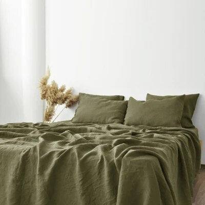 olive green 100% French Linen Duvet Set in minimal boho style bedroom - fluffyslip