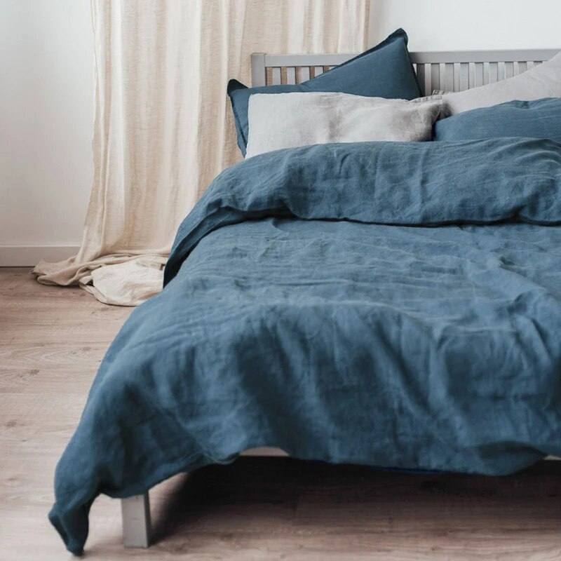earth lake color 100% French Linen Duvet Set in an empty bedroom with linen curtains - Fluffyslip