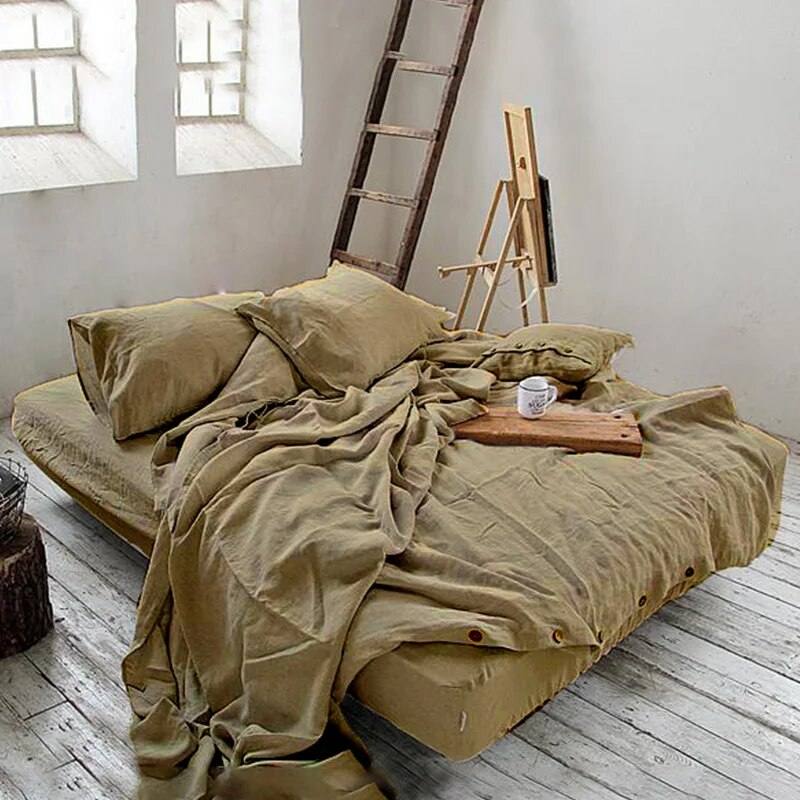 Earth yellow color 100% french linen duvet cover set with two matching pillows in a minimilastic style bedroom  room - Fluffyslip