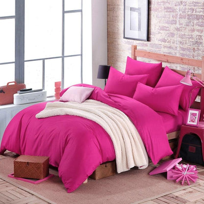 100% Cotton Duvet Cover Set in the color hot pink with matching hot pink pillowcases in a full bedroom setup - Fluffyslip