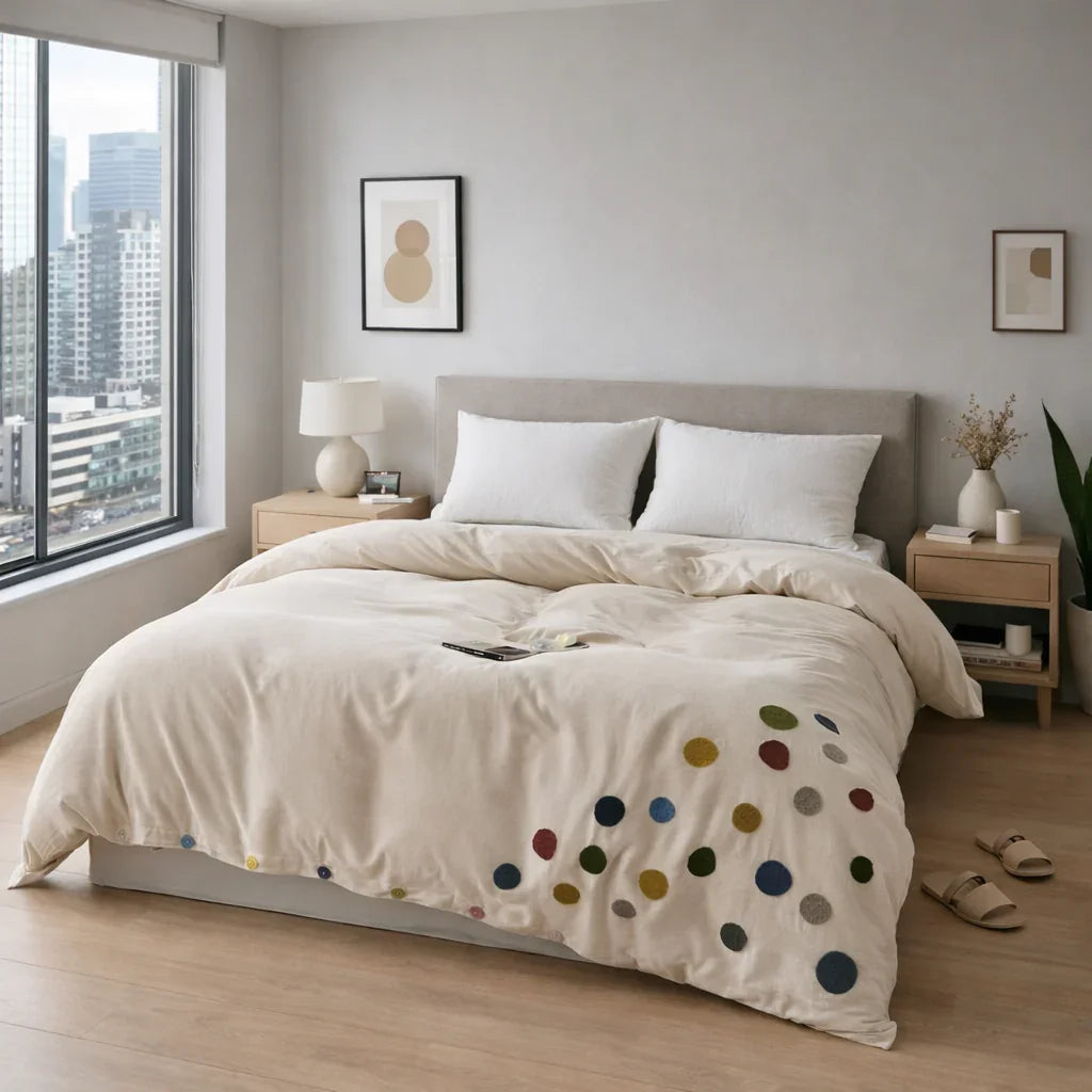 Modern bedroom with cream duvet cover featuring colorful polka dots, large windows, and minimal decor.