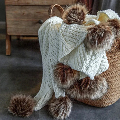 Faux Fur Pompom Cozy Chenille Throw Blanket