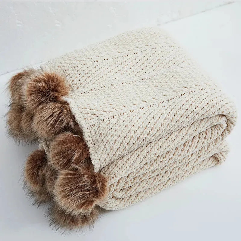 Faux Fur Pompom Cozy Chenille Throw Blanket