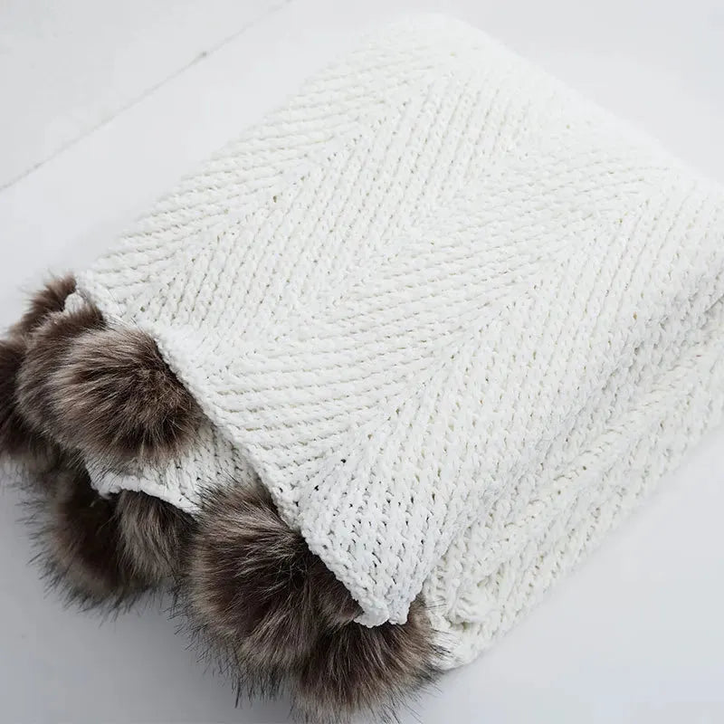 Faux Fur Pompom Cozy Chenille Throw Blanket