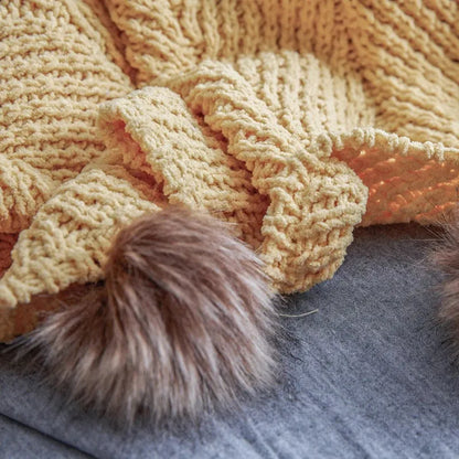 Faux Fur Pompom Cozy Chenille Throw Blanket