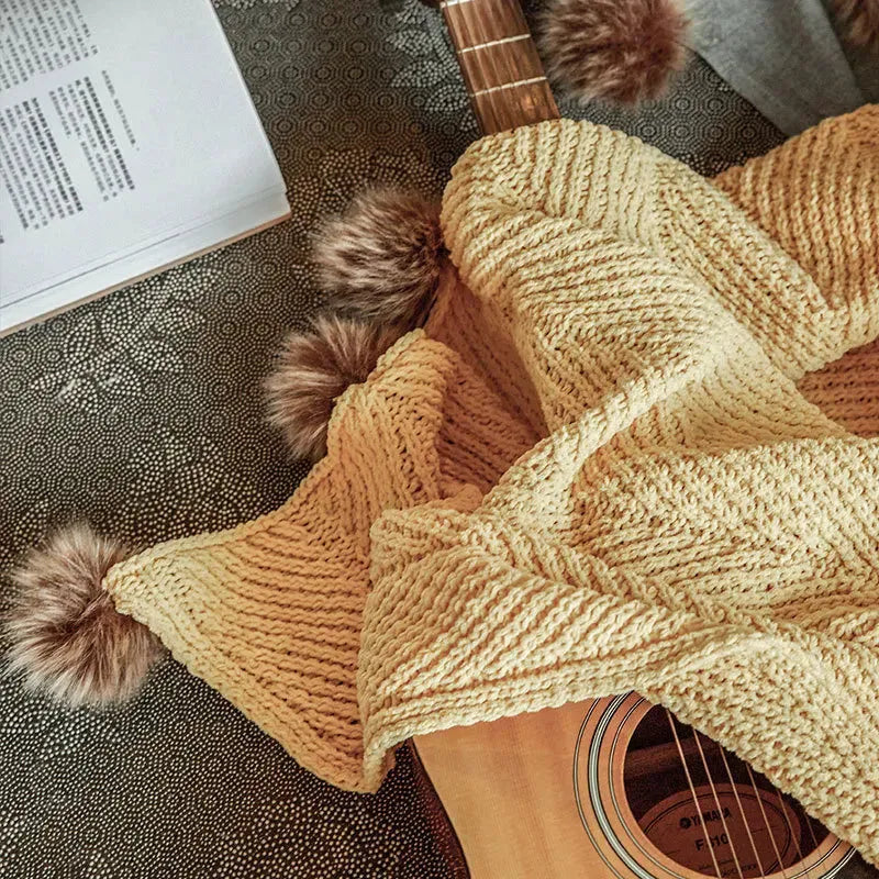 Faux Fur Pompom Cozy Chenille Throw Blanket