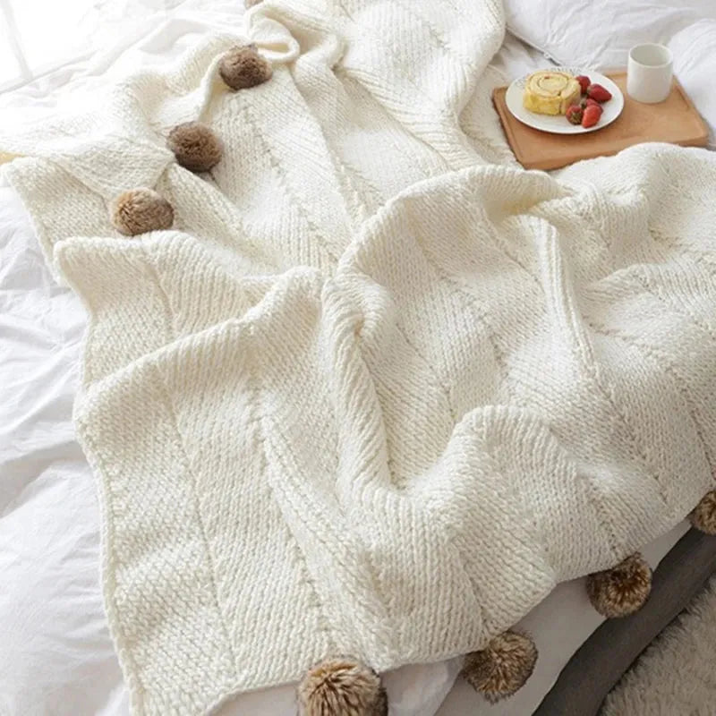 Faux Fur Pompom Cozy Chenille Throw Blanket