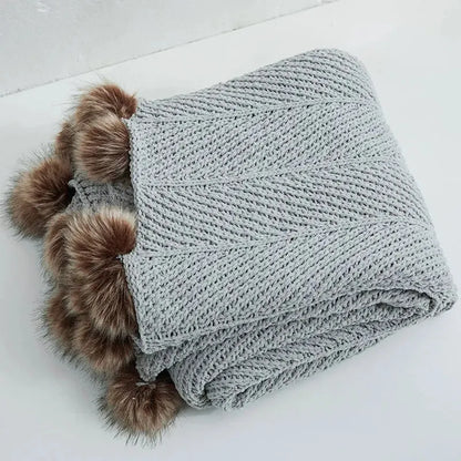 Faux Fur Pompom Cozy Chenille Throw Blanket