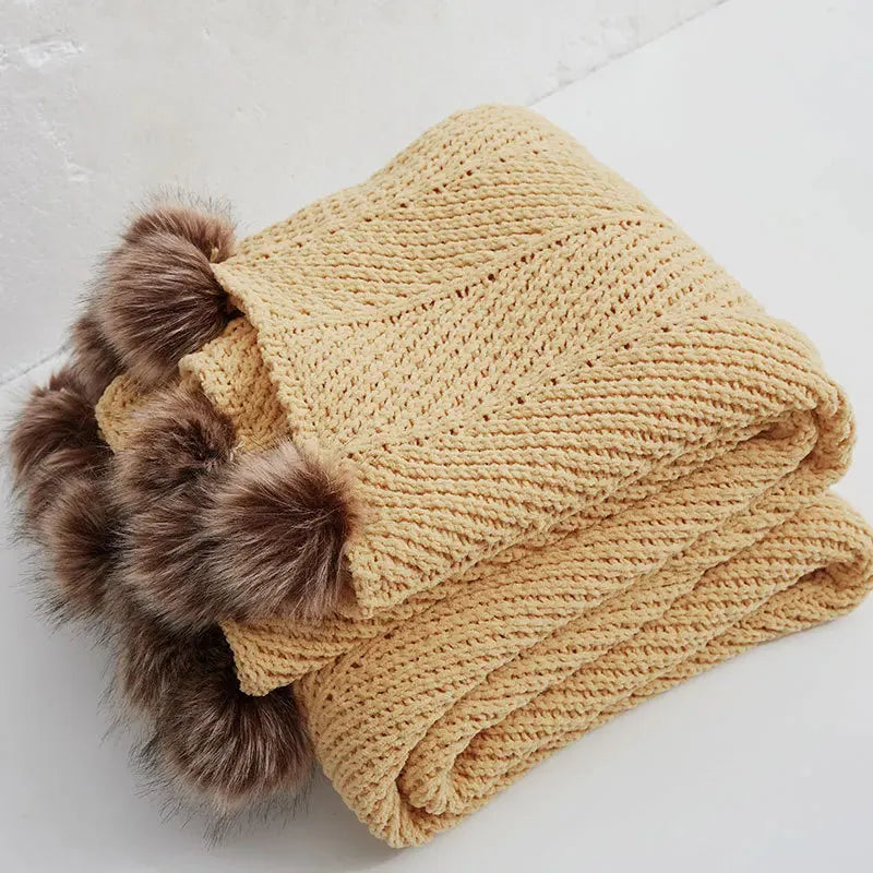 Faux Fur Pompom Cozy Chenille Throw Blanket