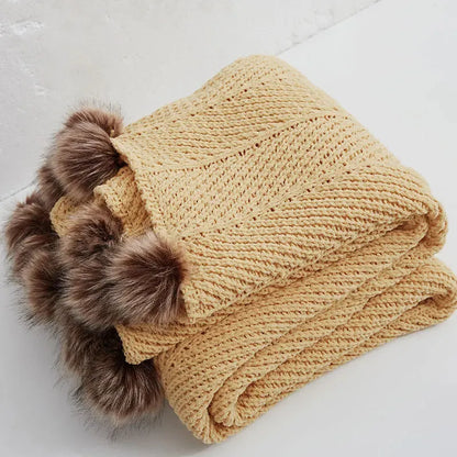 Faux Fur Pompom Cozy Chenille Throw Blanket