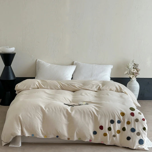 Color Dot Embroidered Cotton Linen Duvet Cover Set