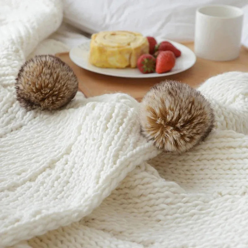 Faux Fur Pompom Cozy Chenille Throw Blanket