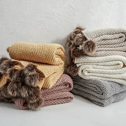 Faux Fur Pompom Cozy Chenille Throw Blanket