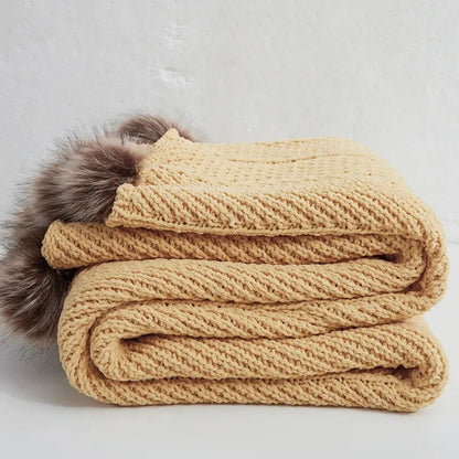 Faux Fur Pompom Cozy Chenille Throw Blanket