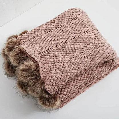 Faux Fur Pompom Cozy Chenille Throw Blanket