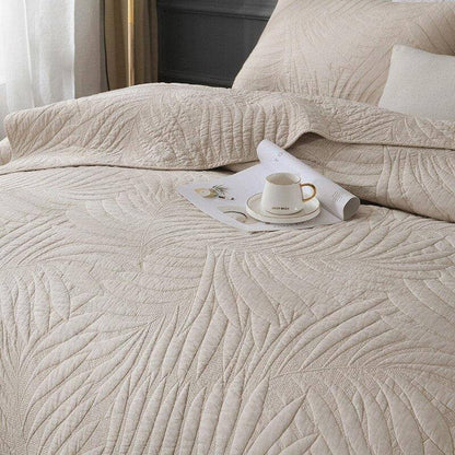 Boho Leaves Taupe (Maize) White 100% Cotton Bedspread Quilt Set 3Pcs Full/Queen Size  Coverlet Bed Cover with Pillow Shams - Fluffyslip