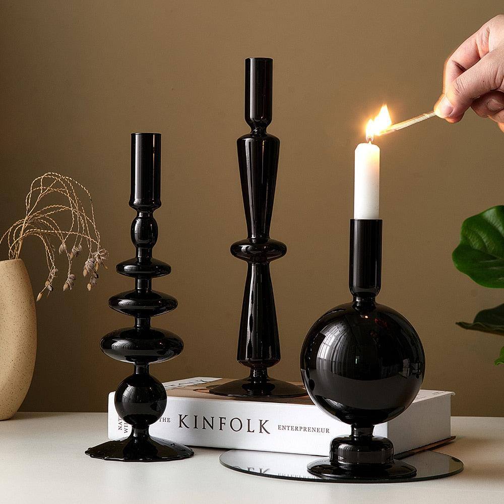 black Retro Glass Candle holders Creative Home Decor Wedding Party Dinner Candlelight Decoration Living Room dining table center - Fluffyslip