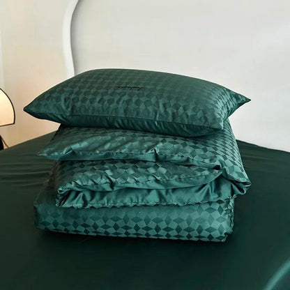 600TC Egyptian Cotton Diamond Wave Pattern Duvet Set in green folded and displayed on top of an egyptian cotton flat sheet - Fluffyslip - Fluffyslip