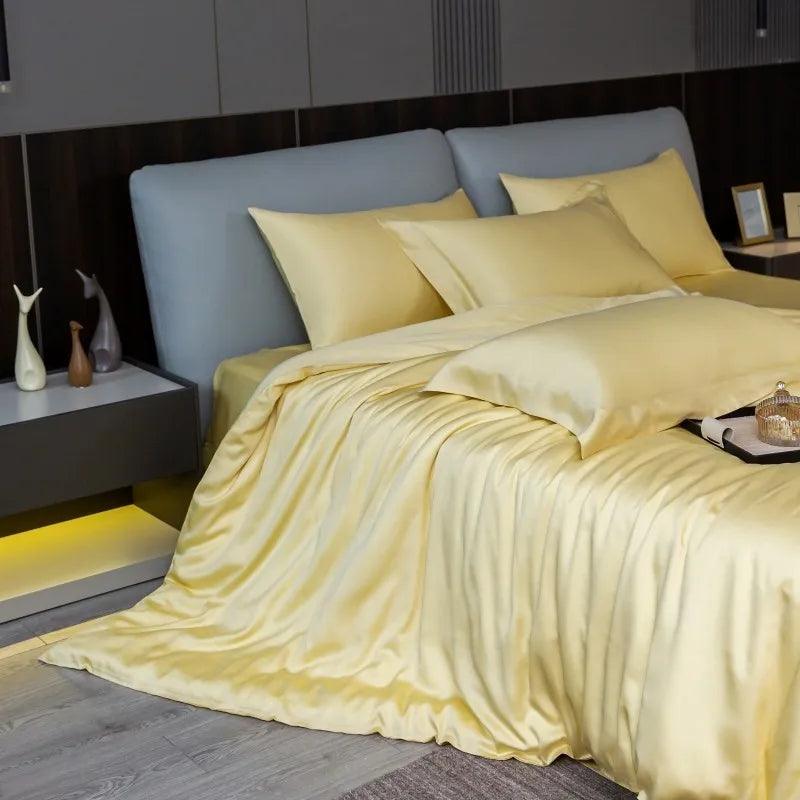 Yellow Eucalyptus Lyocell Cooling Duvet Cover Set in a luxury bedroom - Fluffyslip