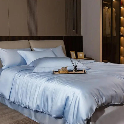 Baby blue Eucalyptus Lyocell Cooling Duvet Cover Set in a luxury bedroom - Fluffyslip