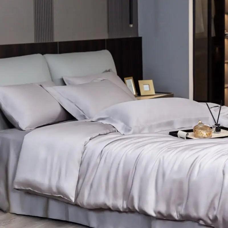 Gray Eucalyptus Lyocell Cooling Duvet Cover Set in a luxury bedroom - Fluffyslip