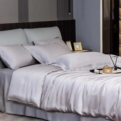 Gray Eucalyptus Lyocell Cooling Duvet Cover Set in a luxury bedroom - Fluffyslip