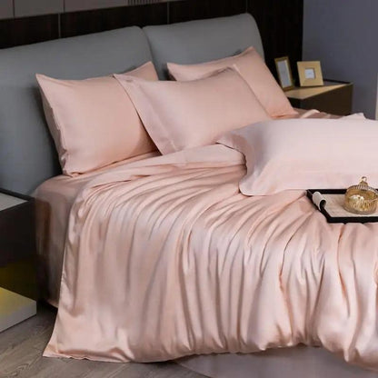 Coral color Eucalyptus Lyocell Cooling Duvet Cover Set in a luxury bedroom - Fluffyslip