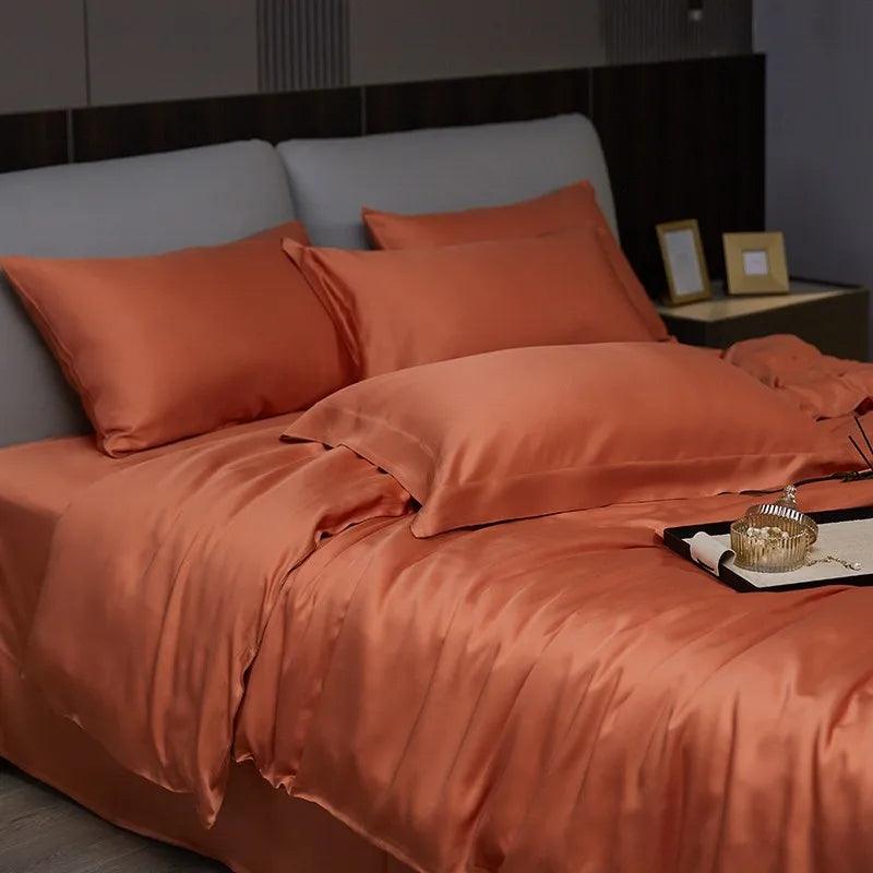 Rust color Eucalyptus Lyocell Cooling Duvet Cover Set in a luxury bedroom setup- Fluffyslip