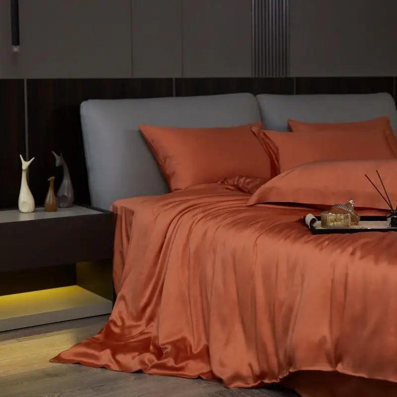 Rust color Eucalyptus Lyocell Cooling Duvet Cover Set in a luxury bedroom - Fluffyslip