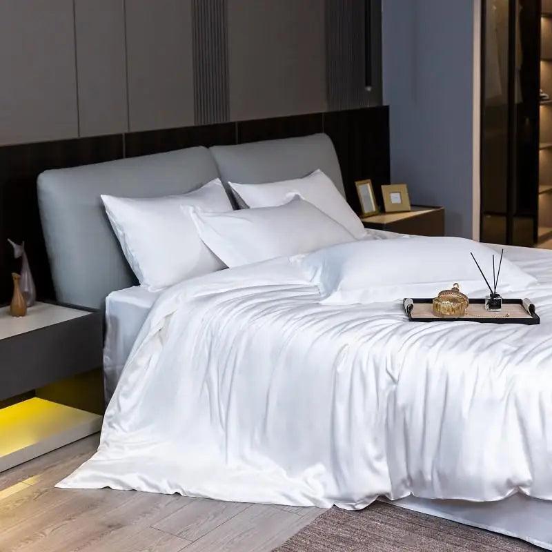 White Eucalyptus Lyocell Cooling Duvet Cover Set in a luxury bedroom setting - Fluffyslip