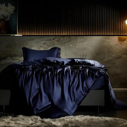 Blue Eucalyptus Lyocell Silk Duvet Cover Set in a luxury bedroom- Fluffyslip
