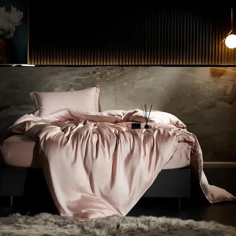 Coral Eucalyptus Lyocell Silk Duvet Cover Set in a luxury bedroom- Fluffyslip