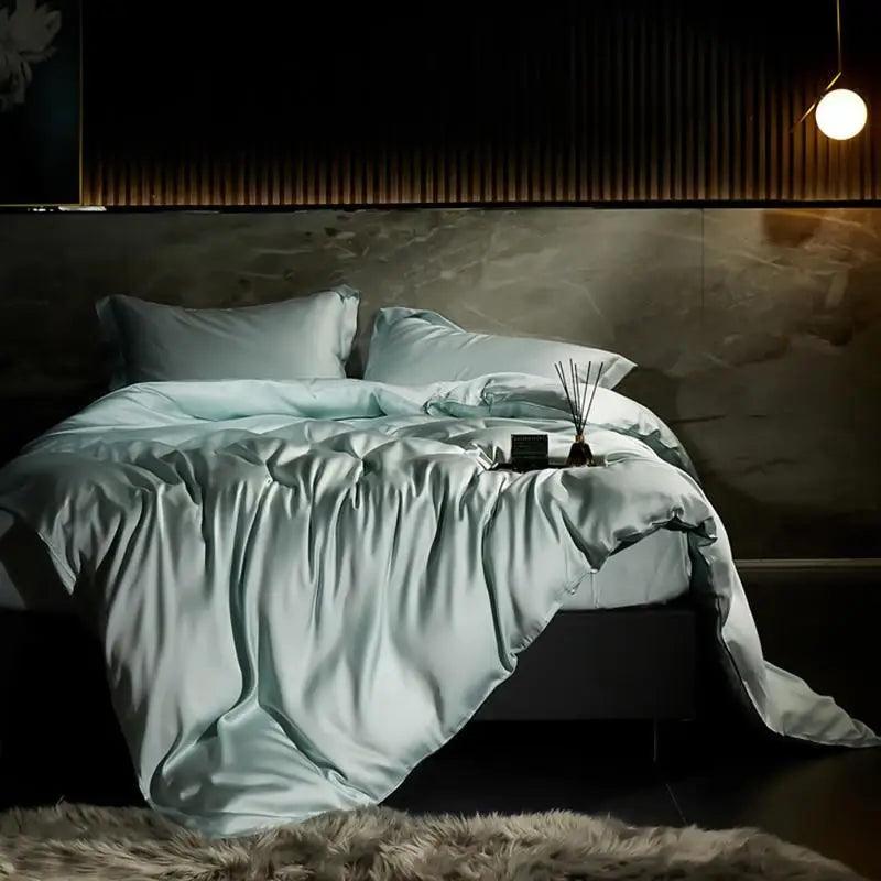 teal Eucalyptus Lyocell Silk Duvet Cover Set in a luxury bedroom- Fluffyslip