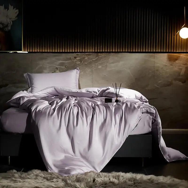 Lilac Eucalyptus Lyocell Silk Duvet Cover Set in a luxury bedroom- Fluffyslip