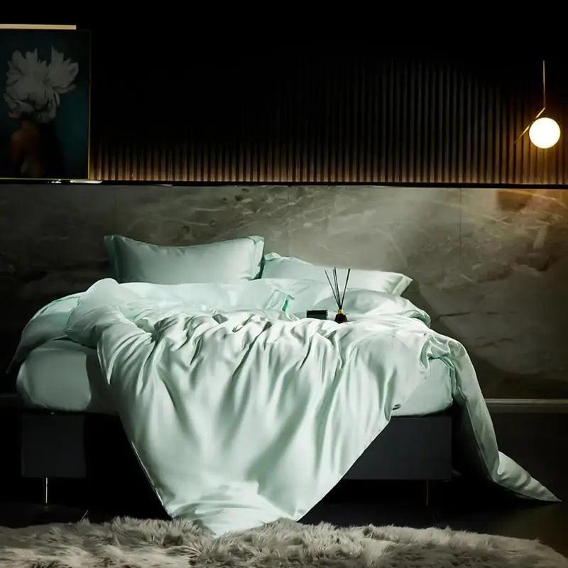 Mint Eucalyptus Lyocell Silk Duvet Cover Set in a luxury bedroom- Fluffyslip