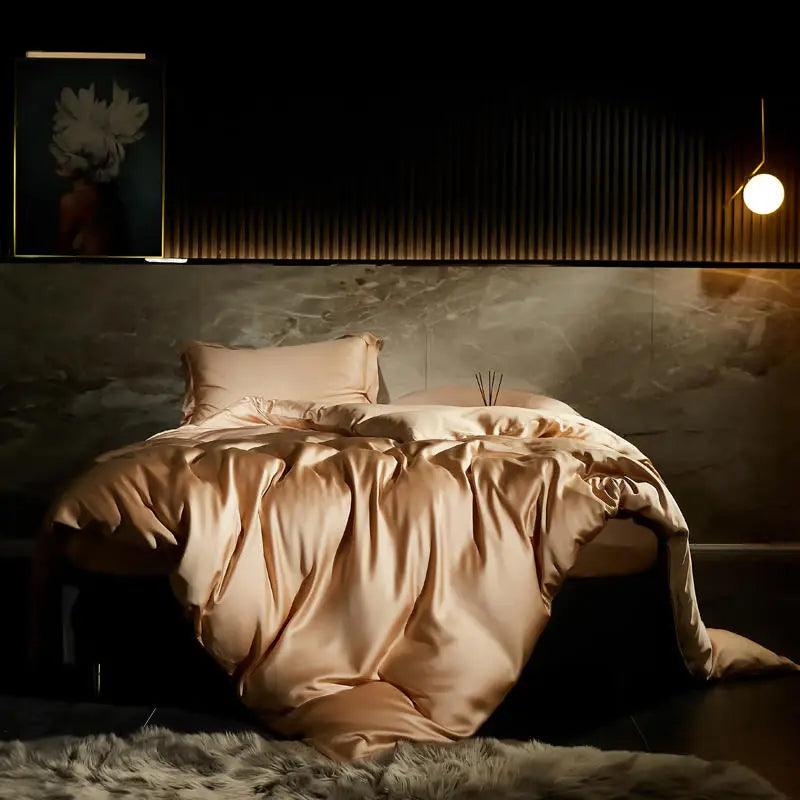 Champagne color Eucalyptus Lyocell Silk Duvet Cover Set in a luxury bedroom- Fluffyslip
