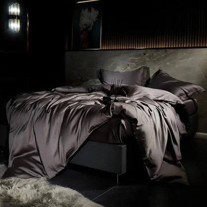 Black Eucalyptus Lyocell Silk Duvet Cover Set in a luxury bedroom- Fluffyslip