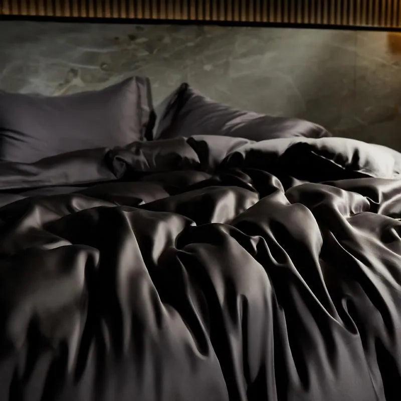 Black Eucalyptus Lyocell Silk Duvet Cover Set in a luxury bedroom- Fluffyslip