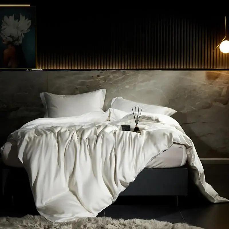 White Eucalyptus Lyocell Silk Duvet Cover Set in a luxury bedroom- Fluffyslip