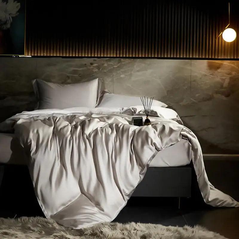 White Eucalyptus Lyocell Silk Duvet Cover Set in a luxury bedroom - Fluffyslip