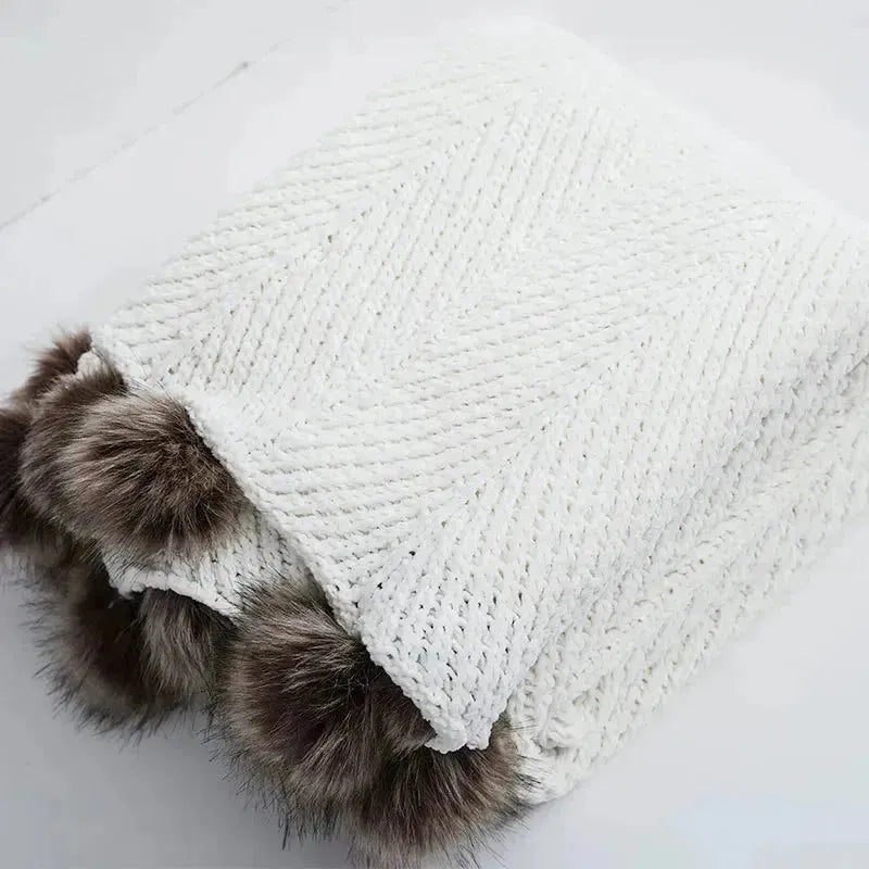 Faux Fur Pompom Cozy Chenille Throw Blanket - Fluffyslip