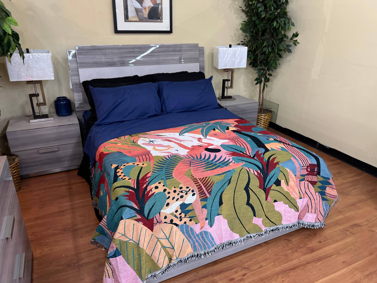 Forest Dancer Throw Blanket -130x160cm Vibrant rainforest illustration with dancing woman and leopard. Lightweight and durable polyester/cotton blend - Fluffyslip