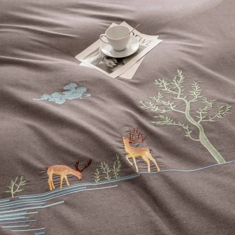 Brushed Microfiber Embroidery Deer Duvet Set - Fluffyslip