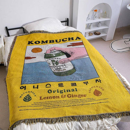 Kombucha Lemon & Ginger Throw Blanket - Refreshing citrus and spice design. Size: 51x63 inches (130x160cm). Cozy up in style and comfort - Fluffyslip