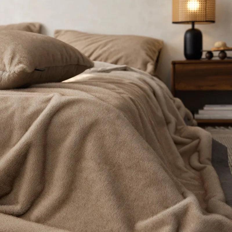 luxury brown faux mink blanket pillowcase bedroom setup - Fluffyslip - Fluffyslip 