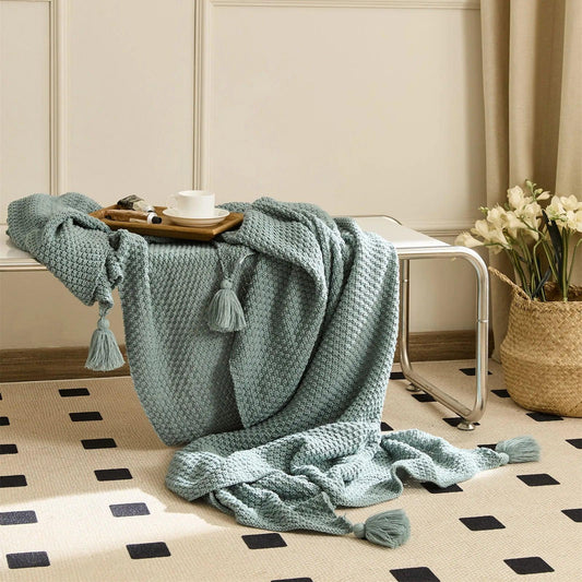 Moss Stitch Serenity Knit Acrylic Tassel Throw Blanket