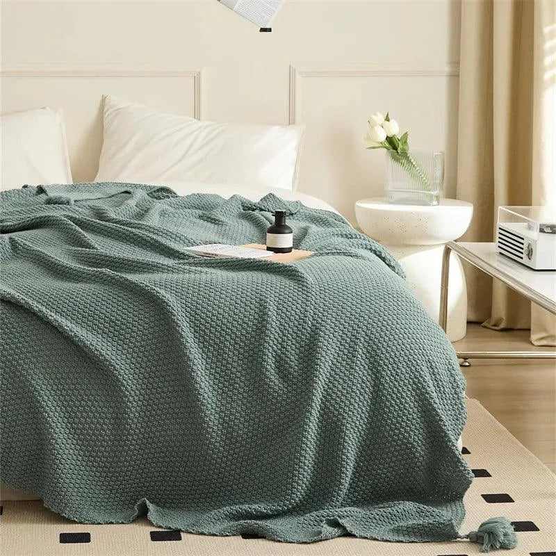 Moss Stitch Serenity Knit Acrylic Tassel Throw Blanket - Fluffyslip