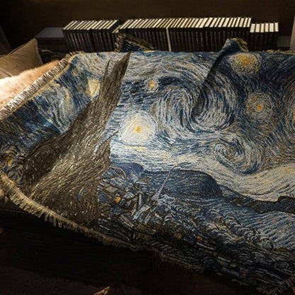 The Starry Night Decoration Throw Blanket Home Wall Tapestry Knitted Thick Sofa Cover Camp Tassels Picnic Mat - Fluffyslip